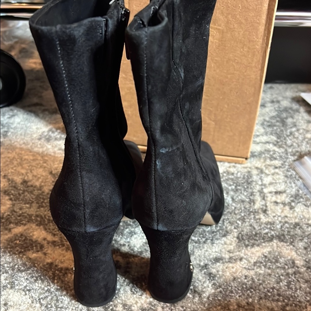 Black Suede Mid-Calf Block Heel Boots - Women - Picture 6 of 8
